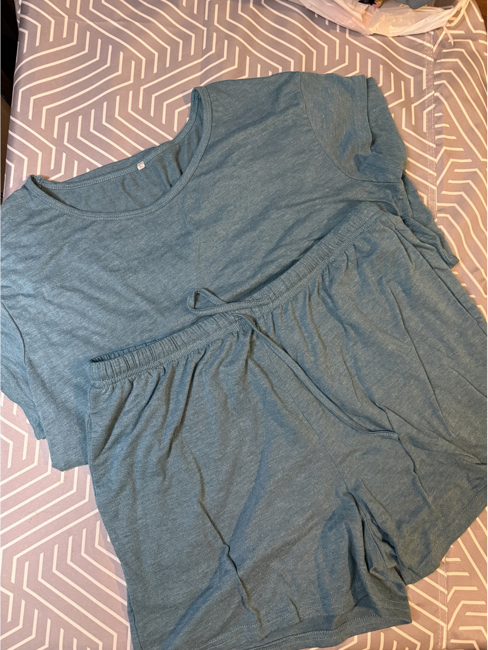 Ekouaer Size Large Teal 2 Piece Lounge Pajama Set Top Shorts Pockets